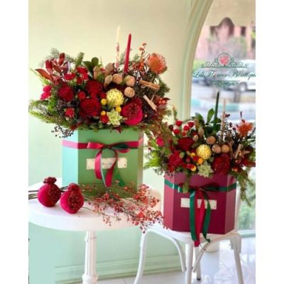 سبد گل شب یلدا برای مرد با گل‌های رز و داودی 5046