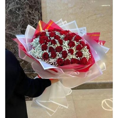دسته گل ولنتاین با گل‌های رز صورتی و آفتابگردان 5362